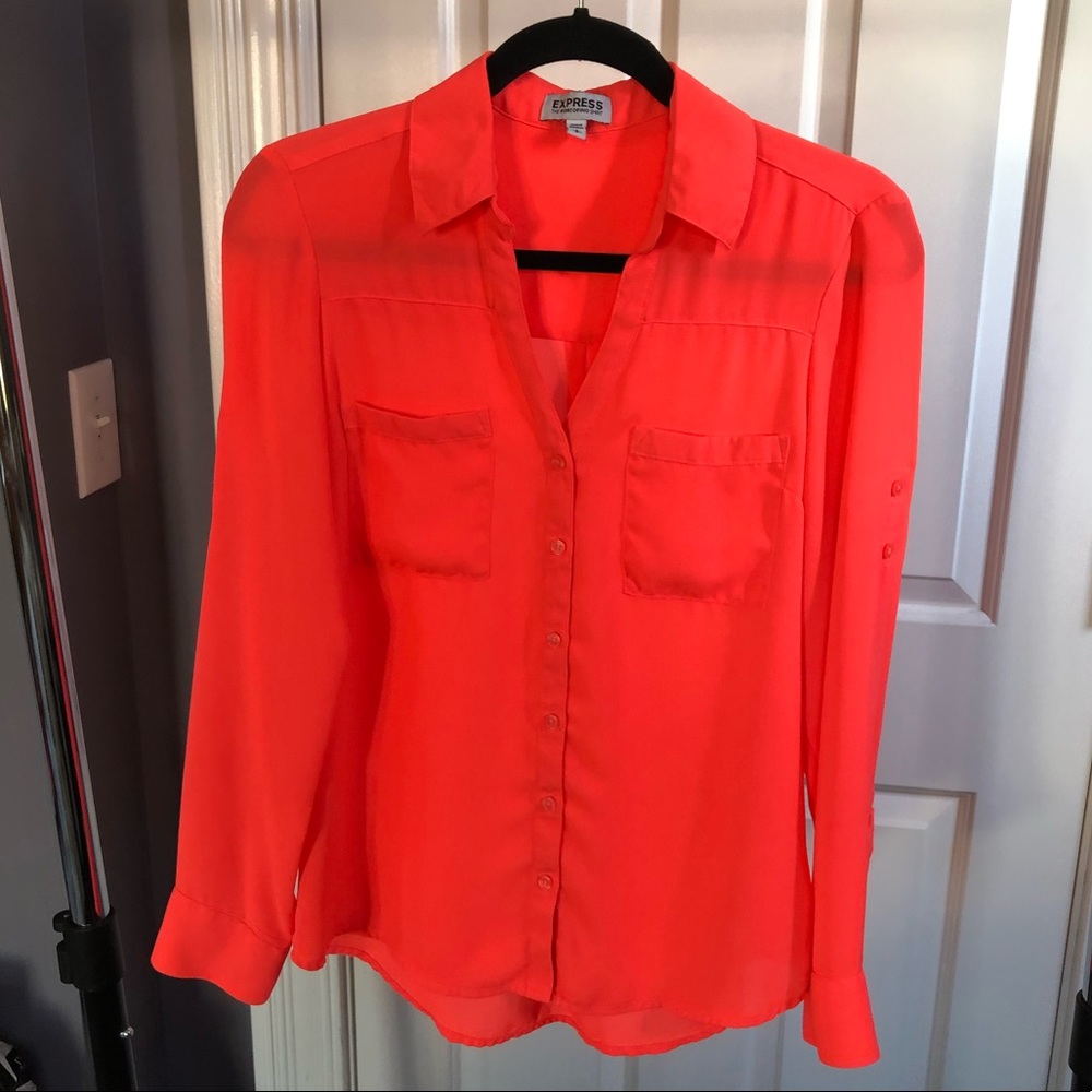 Women’s neon coral button up shirt